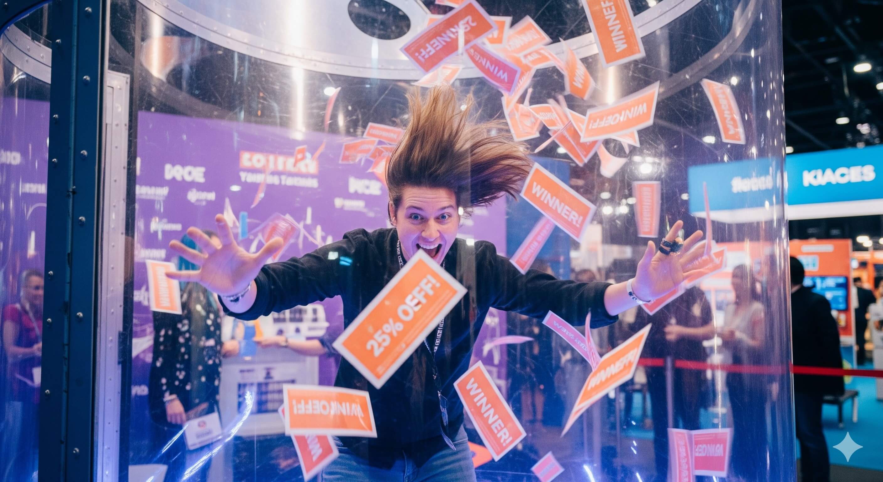Participante dentro de uma cabine de vento tentando pegar vouchers que voam