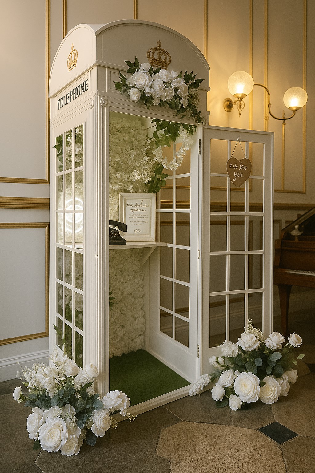Convidada em um vestido de gala usando a Cabine Londrina para gravar uma mensagem