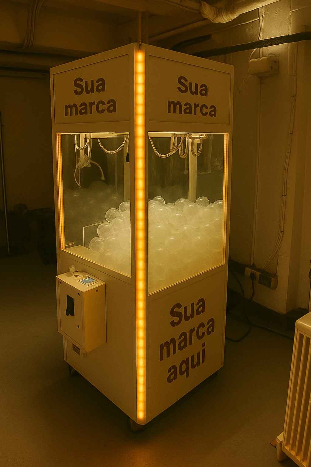 Máquina de Grua personalizada com a marca de uma empresa em um evento