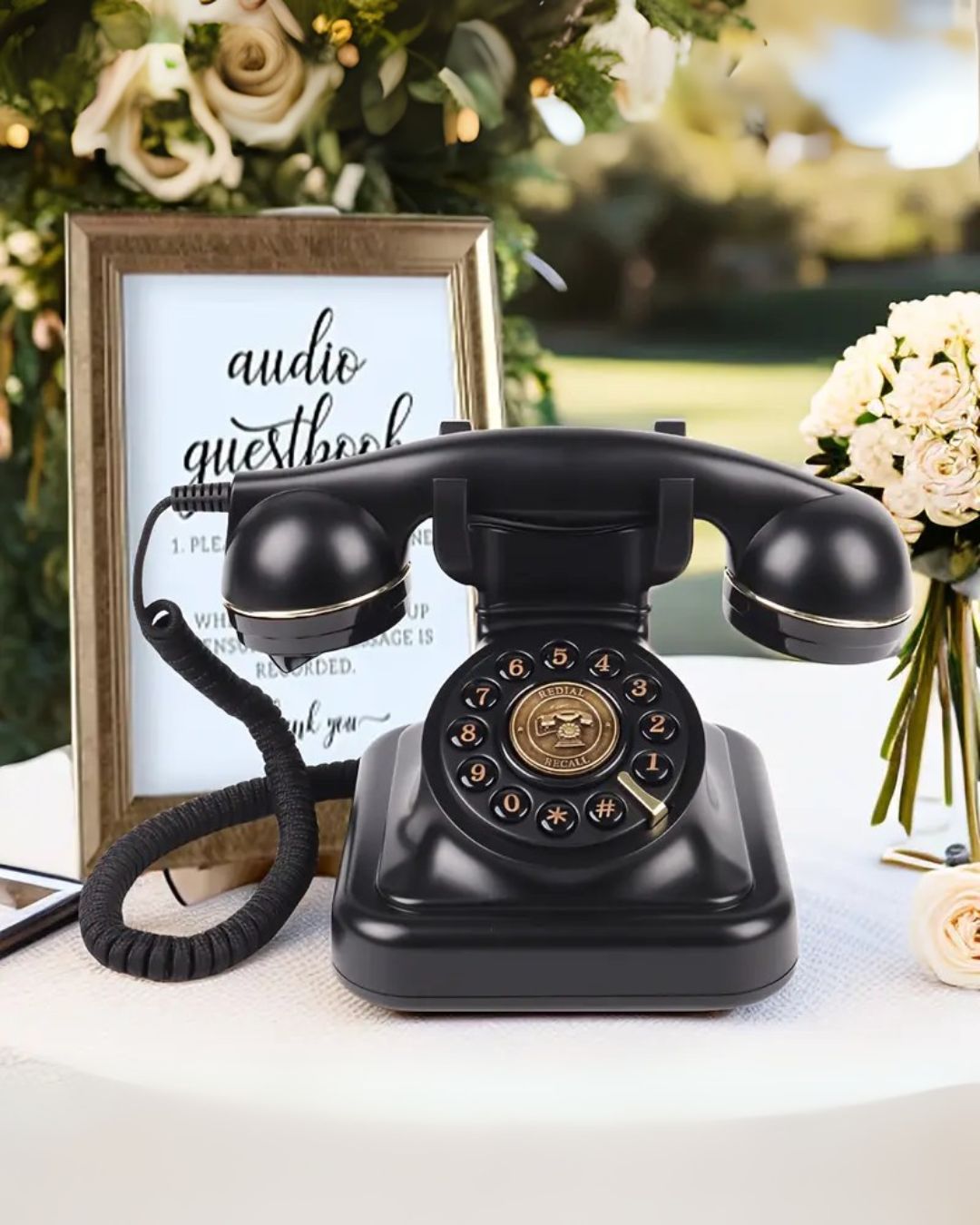 Telefone de áudio mensagens retrô em uma mesa decorada